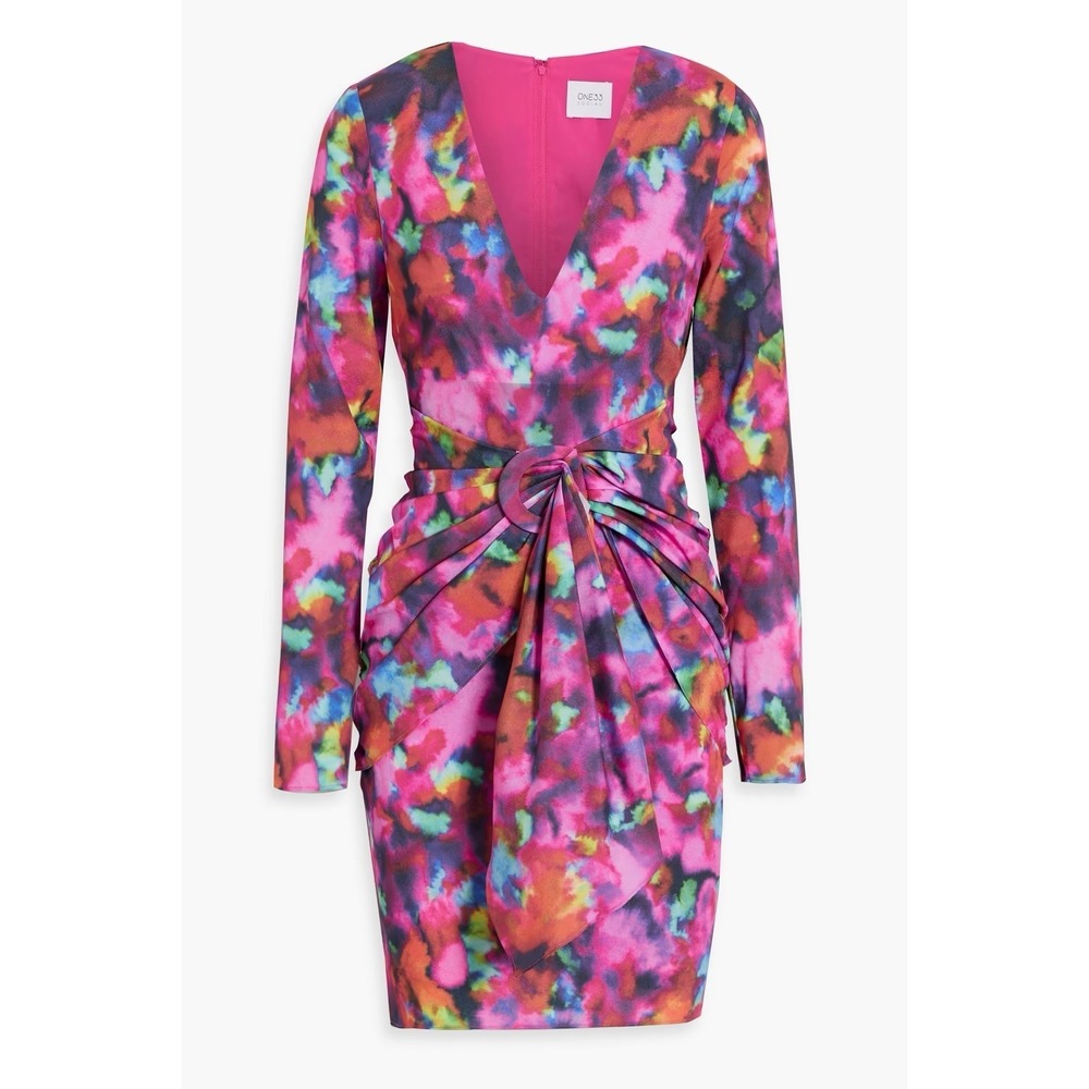 ONE33 Social Crepe Mini Dress Size 4 Fuchsia Multicolor Cut Out V-Neck NWT